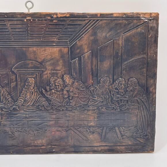 Embossed LAST SUPPER on Copper Tin 20x11 inches Mounted Nailed on Wood Vintage - Picture 5 of 15